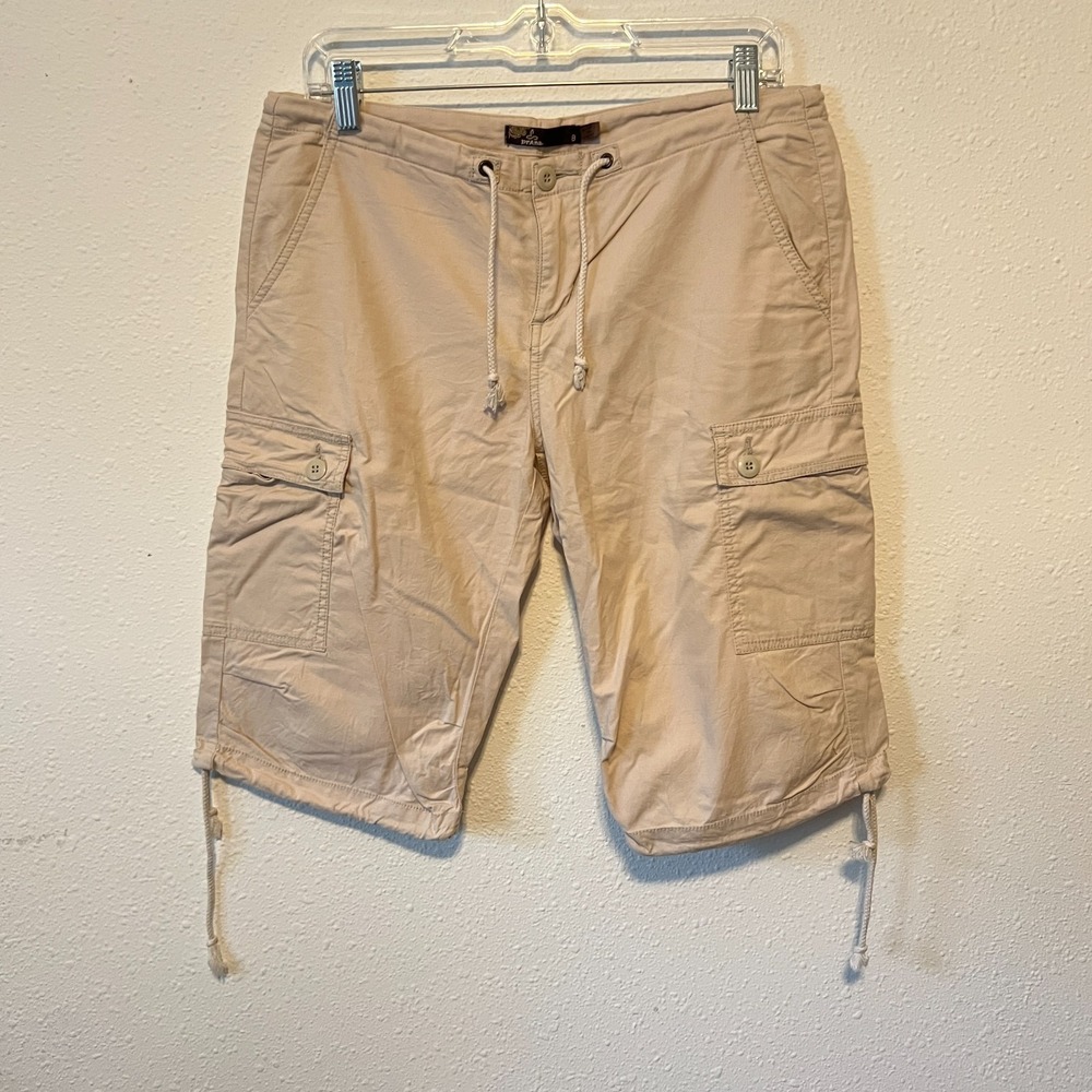 Prana Womens Cargo Capri Shorts Size 8 Tan Organic Cotton Stretch Hiking Utility